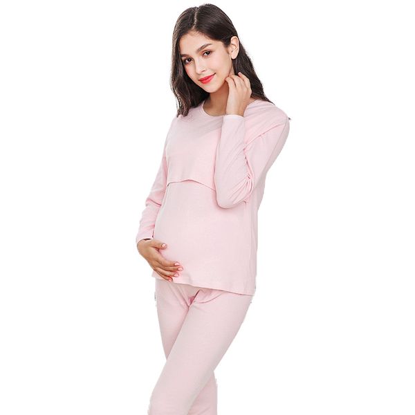 

pure cotton pregnant women's suit spring and autumn warm underwear postpartum lactation pajamas pregnant moonwear, White
