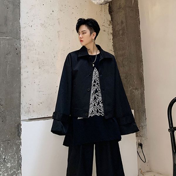 

men wide sleeve loose casual short jacket outerwear male women japan streetwear hip hop vintage fashion coat stage clothing, Tan;black