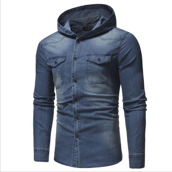 

fashion hooded men's denim shirt long sleeve casual cotton slim fit male cowboy shirt washed chemise homme, White;black