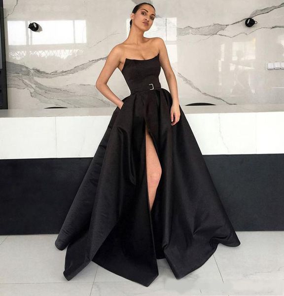 

black front split long prom dresses sleeveless with pockets sashes strapless maid of honor party custom made evening dresses
