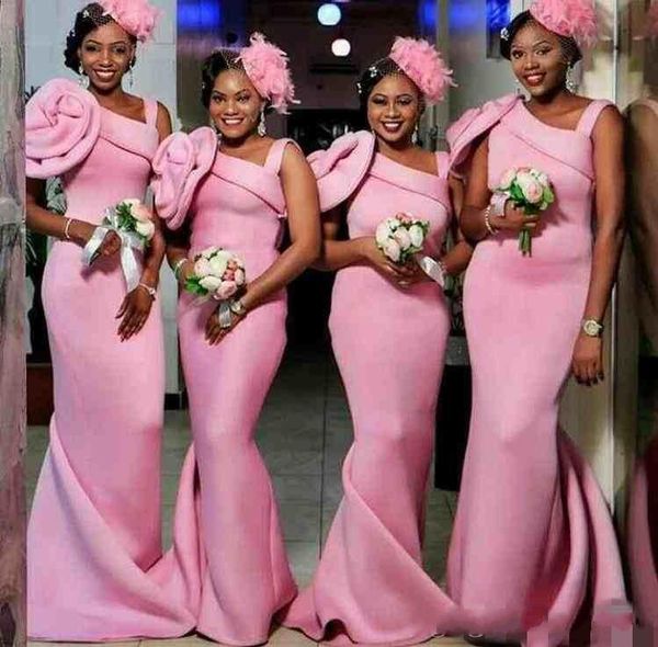 

african nigerian pink mermaid bridesmaid dresses handmade flower floor length maid of honor wedding party dresses formal gowns, White;pink