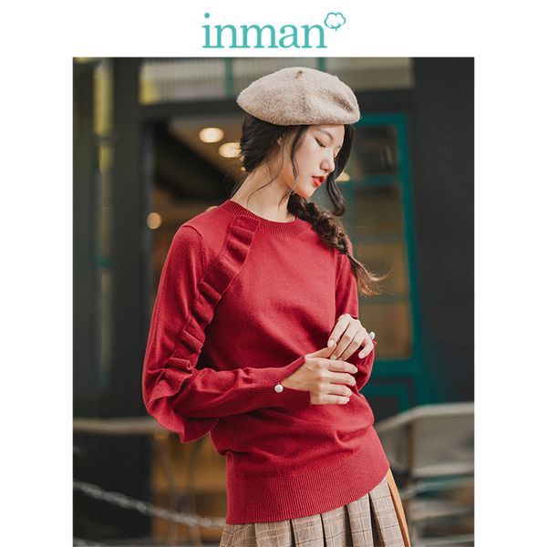 

inman 2019 winter new arrival o-neck irregular lace sleeve slit pearl button women pullover, White;black