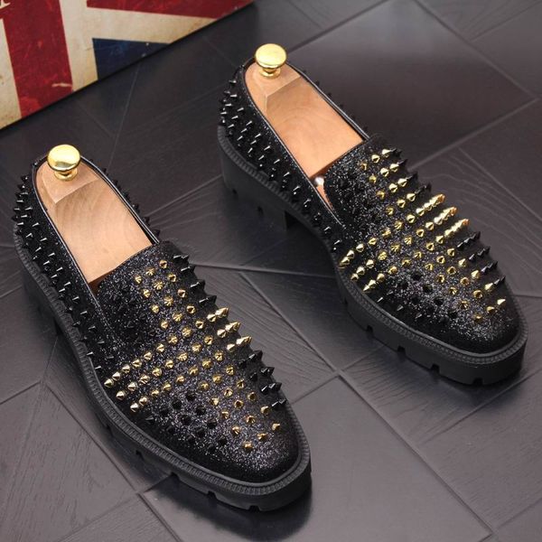 

fashion forward men gold casual comfort shoes bling glitter rivets charm man trending shoes slip on thick bottom red party, Black