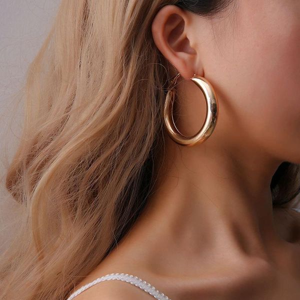 

style punk rock minimalist 50mm thick tube big gold alloy round circle hoop earrings versatile geometric earrings, Golden;silver