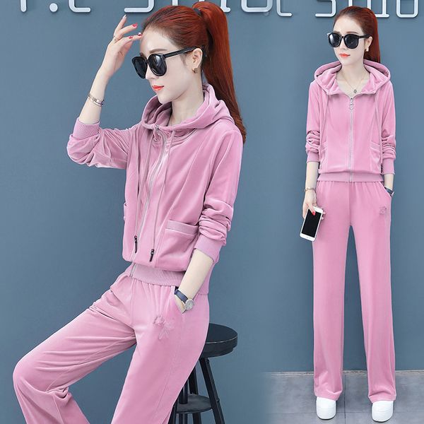 

fashion gold velvet womens two piece sets 2019 spring autumn casual plus size ladies tracksuits + wide leg pants two piece set, White