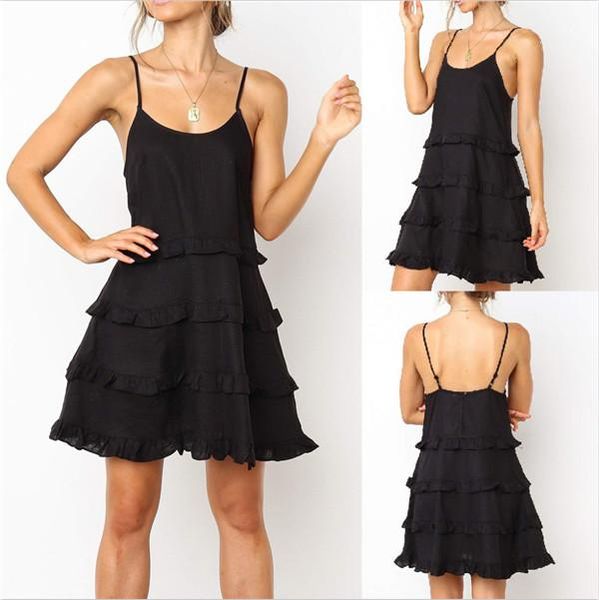 

women dresses ladies nightgown fashion female clothes summer spaghetti strap ruffle dress designer u neck, Black;gray