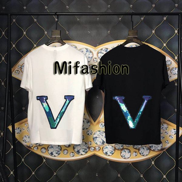 

Summer luxury europe pari colorful print bling back equin big logo t hirt fa hion men women t hirt tee