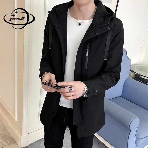 

mens trench coat autumn spring male outerwear overcoat clothing long zipper hooded solid casual man windbreaker clothes y91, Tan;black