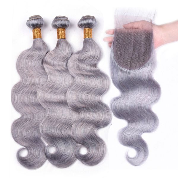 Silver Grey Indian Human Hair Weaves Body Wave 3bundles With