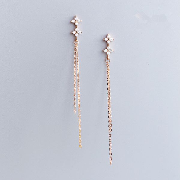 

real authentic 100% 925 sterling silver fine jewelry flower &chain with white zirconia + tassel earrings long gtle2546, Golden;silver