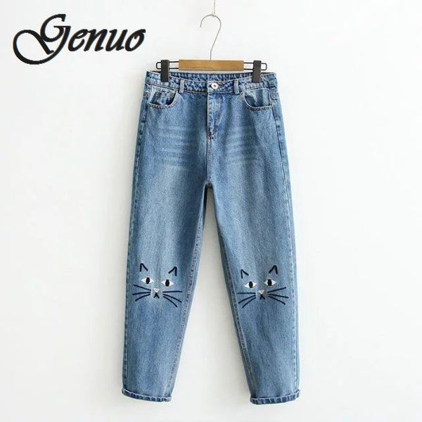 

cute cat pattern embroidery women jeans woman push up jeans high waist denim pants boyfriend femme, Blue