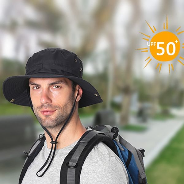 

fishing camping quick drying adjustable sunshade water resistant fisherman cap with chin string climbing bucket hat, Black;white