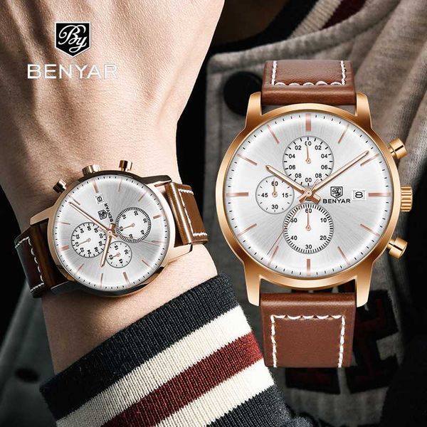

benyar stainless steel case quartz men watch fashion luminous hands wristwatch gold white quartz clock reloj hombre, Slivery;brown