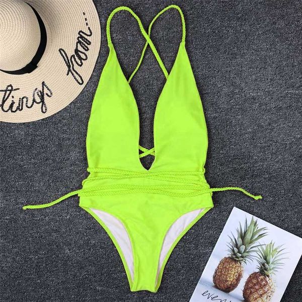 

halter neon deep v swimsuit women monokini string bathing suit push up swimwear one piece bodysuits high cut bikini women, White;black