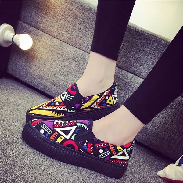 

women graffiti flat platform autumn loafers ladies canvas slip on elastic band fashion shoes female comfort footwear, Black