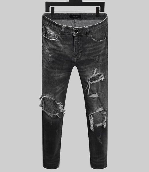 

2020 mens badge rips stretch black jeans fashion designer slim fit washed motocycle denim pants panelled hip hop trousers size 28=44 02, Blue