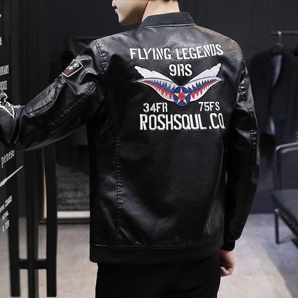 

new arrive embroidery motorcycle leather jacket men men's leather bomer jackets jaqueta de couro masculina mens coats, Black