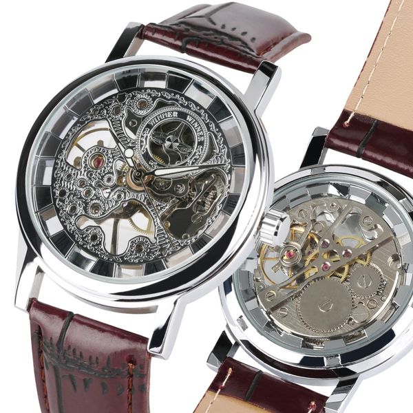 

vogue mens skeleton mechanical watches luxury stainless steel case mechanical watch for teenagers hand-wind watch gift for boy, Slivery;brown