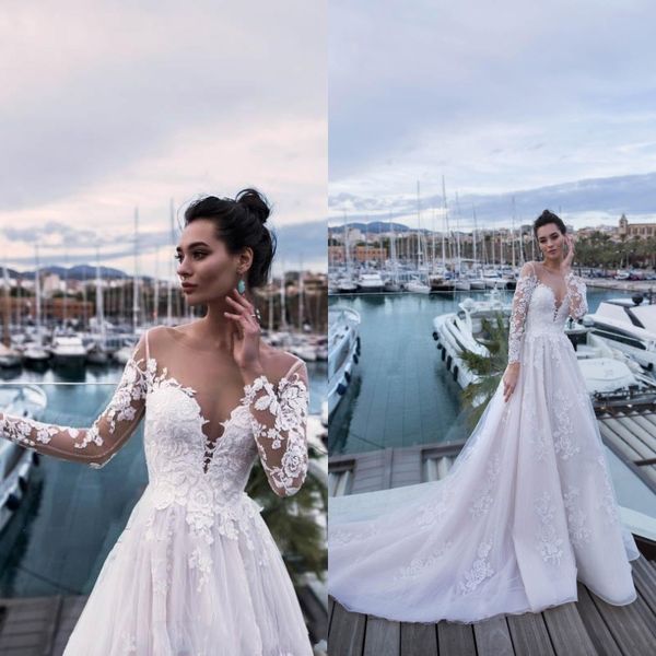 

nora naviano 2020 new beach a line wedding dresses long sleeve lace appliques sweep train boho bridal gowns plus size robe de mariee, White