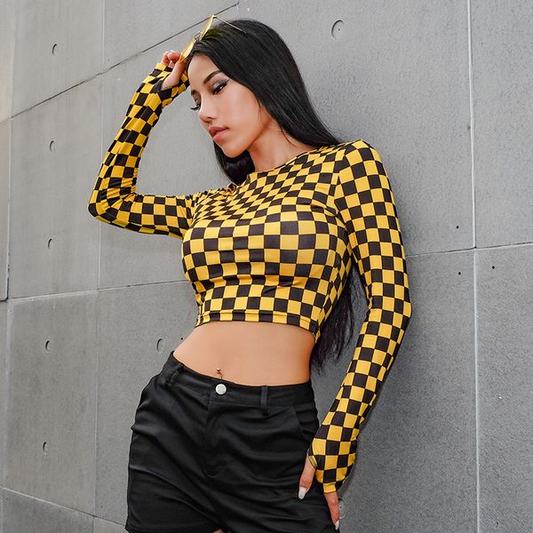 

womens designer t shirts women shirt yellow checkerboard long sleeve t shirt women streetwear crop tees harajuku plaid tshirt shirt, White
