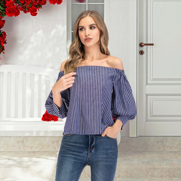 

2020 women's one-line collar striped loose casual a3043 2020 women's one-line collar striped loose casual a3043, White