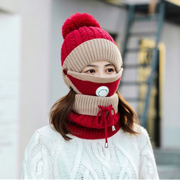 

3pcs/set women's hooded hat set dustproof easy breathing warm and cold protection thick earmuffs, Blue;gray
