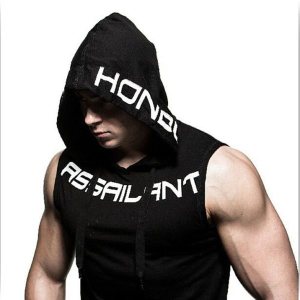 

running jackets mens sleeveless muscle cool gym fitness hoodie, Black;red