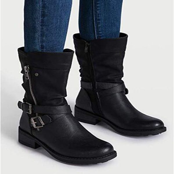 

punk boots women fall 2019 gothic buckle strap combat boots with studded low block shoes winter woman western cowboy footwear#g7, Black