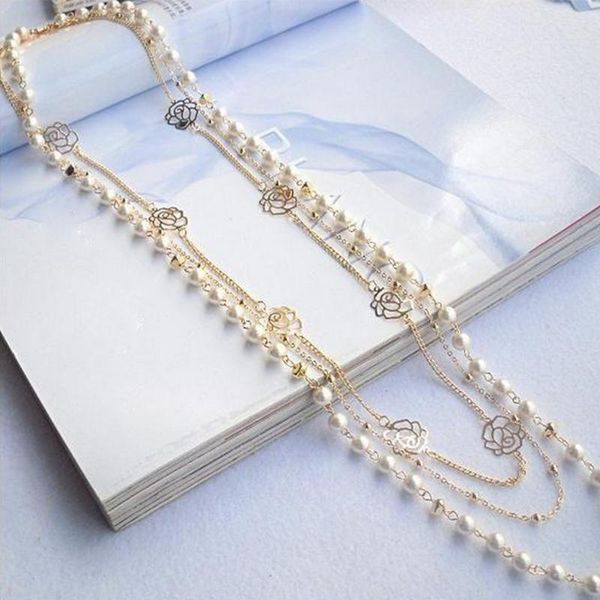 

simple korean style multilayers practical accessory pendant alloy women long pearl jewelry sweater chain, Silver