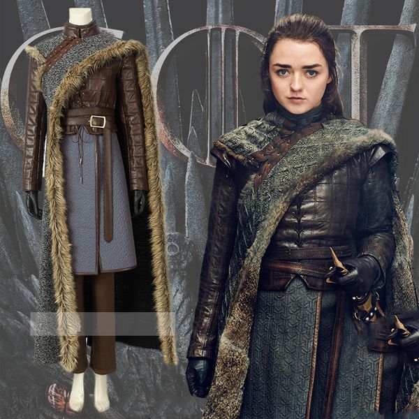 

game of thrones season 8 arya stark cosplay costume fancy dress cloak leather jacket women halloween party outfit full set y190923, Black;white