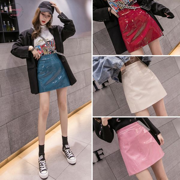 

new women mini skirts pu solid color high waist a line skirt style pu leather skirt female work wear skirt, Black