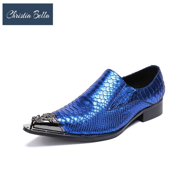 

christia bella fashion blue scales genuine leather men oxfords shoes big size metal pointed toe slip on formal party dress shoes, Black