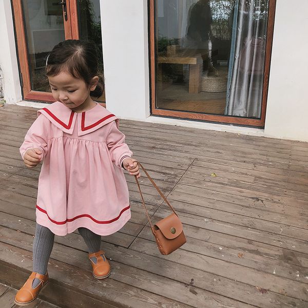 

autumn baby girls fashion preppy style sailor collar long sleeve dress 2019 cotton kids loose princess dresses, Red;yellow