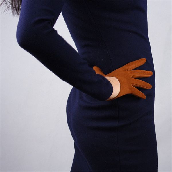 

suede ultra short gloves 13cm caramel brown camel matte emulation leather female suede gloves wjp32, Blue;gray
