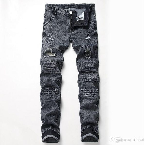 

mens ripped designer bleached black jeans retro stretch washed straight leg slim fit streetwear scratched denim pants cj823, Blue
