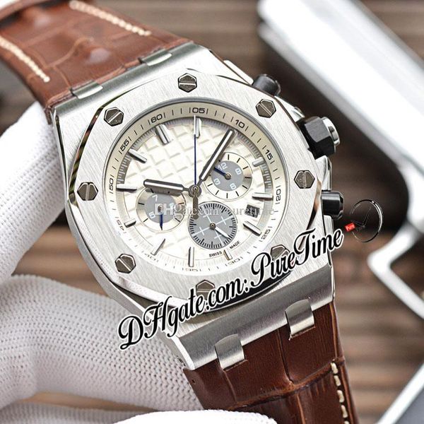 

royal 26470 autoamtic mens watch pvd steel case white texture dial silver stick markers brown leather white line new watches puretime e143b2, Slivery;brown