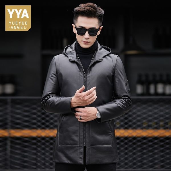 

men genuine leather jacket casual hoody outwear jacket pocket zipper male coats slim fit men long coats plus size, Black