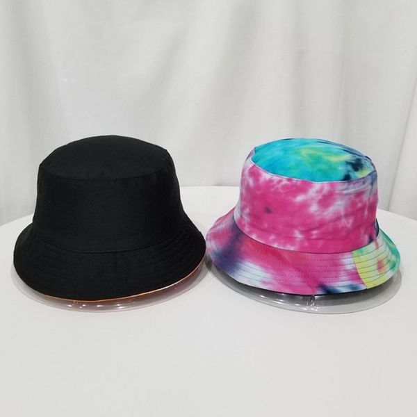 

women men harajuku tie-dye contrast colored bucket hat reversible packable wide brim sun protection hip hop cotton fisherman cap