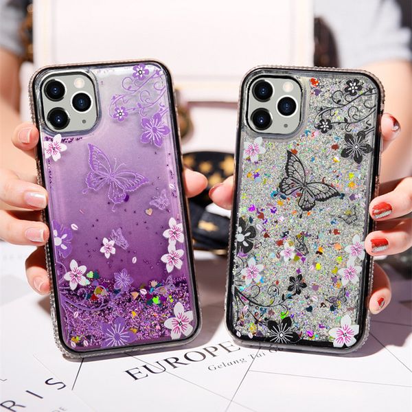 Mais novo Glitter Bling Diamante Flores Borboleta Phone Case para iPhone 11 Pro Max 7 8 Plus x XR XS Max Se2 Liquid Quicksand Lantejoulas Tampa