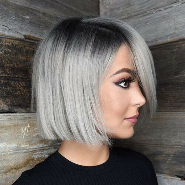 Fashion Medium Straight Capless Bob Style Black Ombre Grey Wig