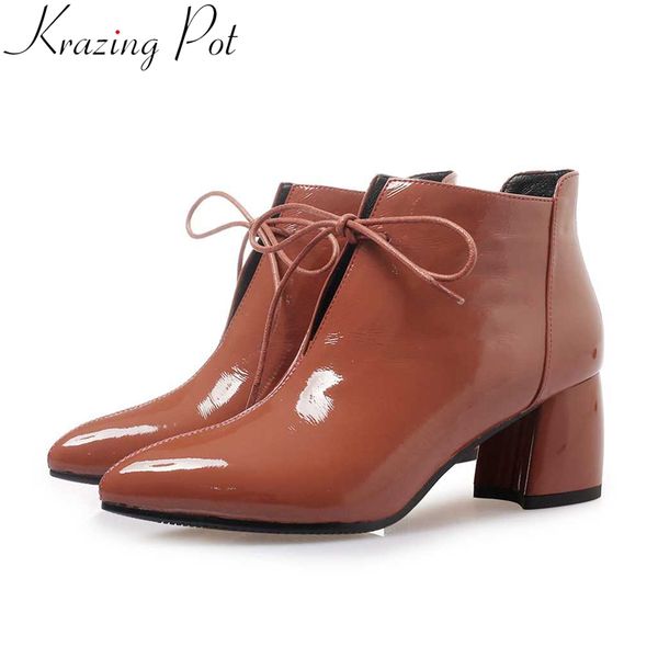 

2019 superstar cow leather concise pointed toe lace up winter shoes elegant fashion boots brand keep warm women ankle boots l59, Black