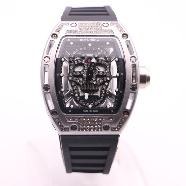 

personality boyuheng quartz baterry 43mm diamond hollow skull skeleton dial mens watches transparent back tonneau hardlex watch wristwatches, Slivery;brown