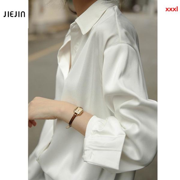 

women long sleeves satin blouse vintage femme v neck street shirts elegant imitation silk blouse female casual loose satin, White