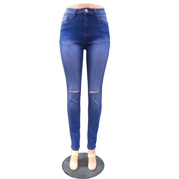 

women runway 2019 summer fashion stretch bodycon hollow out hole skinny denmin boyfriend ripped jeans, Blue