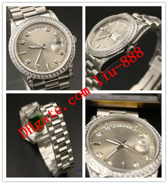 

elling men wristwatch 40mm gray diamond dial bezel silver steel bracelet date automatic luxury watch wristwatch ing, Slivery;brown