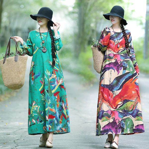 

национальный стиль женской одежды] горячей продажи весной 2020 большого размера с длинным рукавом хлопка и пеньки платье напечатаны длинные, Red