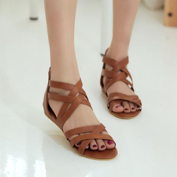 

women big plus size flat sandals shoes hollow out rome casual, Black