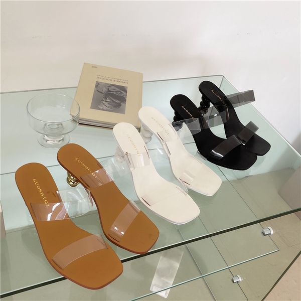 

gingham square toe slippers casual shoes woman 2020 women heels pantofle jelly slides summer high new peep transparent, Black