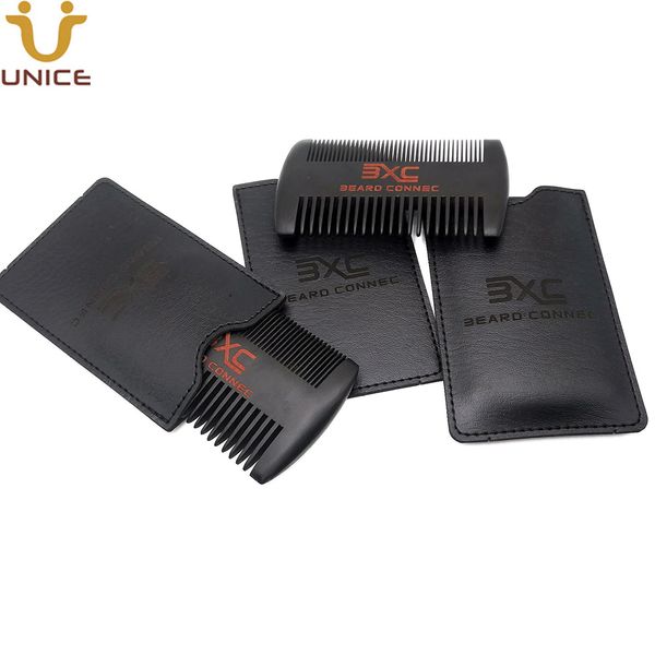 

moq 50pcs oem customized logo black beard hair combs dual sides fine & coarse tooth with leather case wood comb for men moustache care, Silver