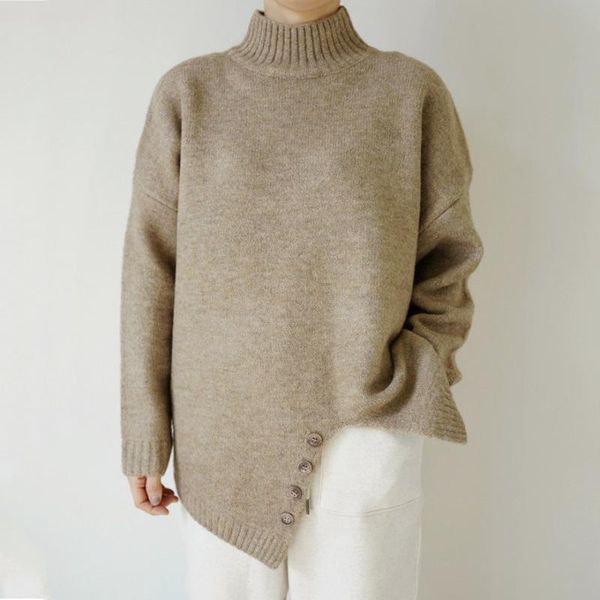 

solid color womens knit sweater stand collar hem fork type pullover women, Black